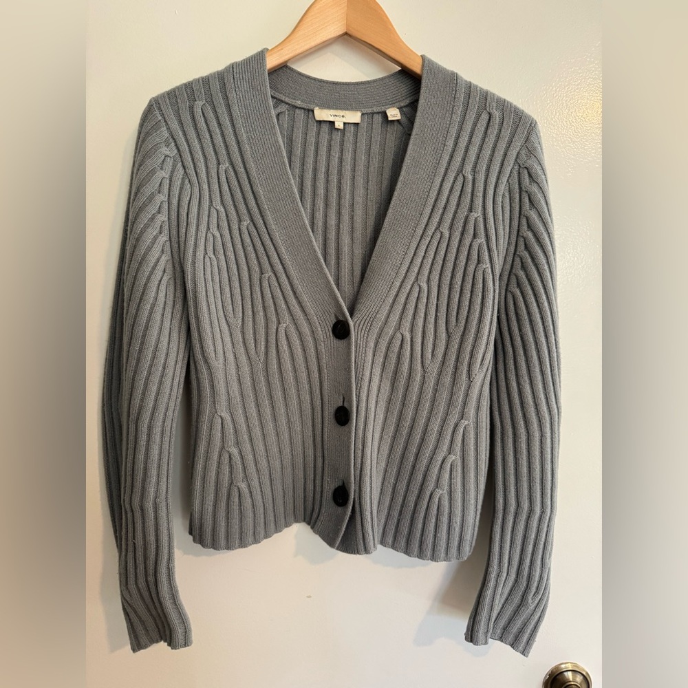 Vince Blue-Grey Fitted Waist Women's Cardigan (Wool / Cashmere)